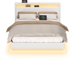 VASAGLE - Bed - Met Zwevend Effect - LED-Verlichting - Hoog Hoofdbord - Ingebouwde Stopcontacten