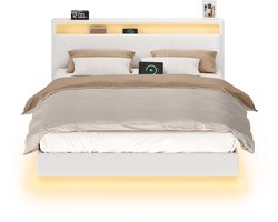 VASAGLE - Bed - Met Zwevend Effect - LED-Verlichting - Hoog Hoofdbord - Met Stopcontacten