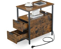 VASAGLE Bijzettafel, Nachtkastje met Stekkerdoos, 2 Laden, Salontafel, Nachtkastje voor Woonkamer, Slaapkamer, Vintage Bruin/Inktzwart, LET325B01
