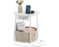 VASAGLE Bijzettafel rond met laadstation, kleine tafel met stopcontact, salontafel, USB-aansluitingen, stoffen mand, woonkamer slaapkamer, nachtkastje modern, matwit-camelbruin
