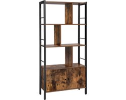 Vasagle - Boekenkast Industrieel - Boekenkasten - Dubbele Deuren - 4 Open Schappen - 74x30x155 CM - Vintage Bruin