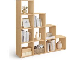 Vasagle Boekenkast met 10 vakken, rek met open vakken, opbergkast, voor decoraties, fotolijsten, woonkamer, slaapkamer, kantoor, 29 x 129,5 x 129,5 cm, beige eiken LBC010Y01