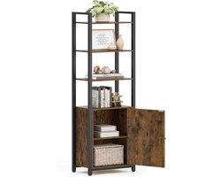 VASAGLE Boekenkast met 6 niveaus, hoge boekenplank met deur, metalen frame, verstelbare planken, 24 x 40 x 159,5 cm, woonkamer, slaapkamer, rustiek bruin en inktzwart