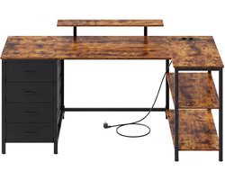 VASAGLE - Bureau - L-vormig Hoekbureau met Stopcontacten - Verstelbare Planken - 4 Lades - 2 USB-poorten