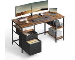 Vasagle Computerbureau - 140 X 60 X 76 Cm - Schrijfbureau Met 3 Planken En 2 Laden - Industrieel Design - Thuiskantoor En Woonkamer Bureau - Rustiek Bruin En Inktzwart