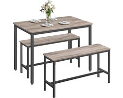 VASAGLE Eettafel met 2 banken, 3-delige set, keukentafel van 70 x 110 x 75 cm, 2 banken van elk 30 x 97 x 50 cm, stalen frame, Heather Greige en inktzwart KDT070B02