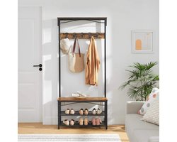 VASAGLE- Garderobe in industrieel ontwerp- Schoenenrek met zitting- Kledingrek met 5 afneembare haken- Schoenenrek met zitting- 3 planken- In hout en metaal Vintage- Garderoberek- Halmeubel- Garderoberek met kapstok- Garderoberek met schoenenrek