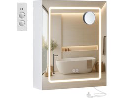 VASAGLE Kailyn Collection Wandkast voor badkamer met spiegel, met led, stekkerdoos, anti-condens-functie, 10 x vergrotende spiegel, moderne stijl, 16,5 x 50 x 60 cm, wit BBK133W01