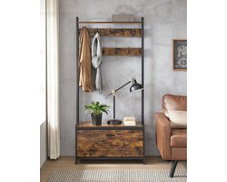 Vasagle Kapstok met schoenenkast - kapstok met bank - kledingrek - schoenenrek - 9 haken - bovenste plank - voor hal - slaapkamer - industrieel design - vintage bruin - Zwart