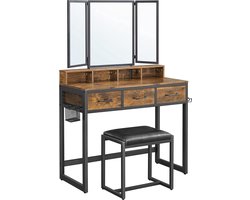 Vasagle kaptafel dressing table met 3-delige klapspiegel, haardroger houder, make up tafel met gestoffeerde kruk, 3 lades, vintage bruin-zwart rvt004b01