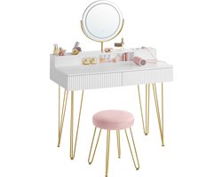VASAGLE - Kaptafel - Kaptafel met Draaibare Spiegel - Met Verlichting en Stopcontact - Inclusief Gestoffeerde Kruk