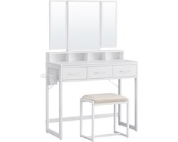 VASAGLE - Kaptafel - Kaptafel met Driedelige Spiegel - Inclusief Krukje - 3 Lades - Föhnhouder