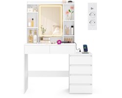 VASAGLE - Kaptafel - Kaptafel met Oplaadstation - Spiegel met LED-Verlichting - Met Lades