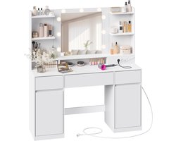 VASAGLE - Kaptafel - Kaptafel met Spiegel en Verlichting - 3 Lades - Oplaadstation - 2 Kasten
