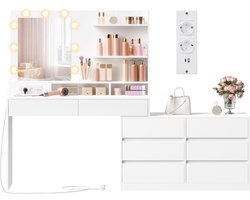 VASAGLE - Kaptafel - Make up Tafel - Kaptafel met Spiegel en LED-Verlichting - 8 Lades - 3 Planken - 3 Lichtkleuren