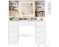 VASAGLE - Kaptafel - Make up Tafel - Kaptafel met Spiegel en LED-Verlichting - 9 Lades - Stopcontact - Verstelbare Planken