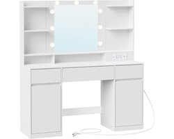 VASAGLE - Kaptafel - Make up Tafel - Kaptafel met Spiegel en Verlichting - 3 Lades - Oplaadstation - 2 Kasten