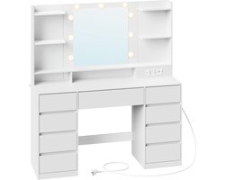 VASAGLE - Kaptafel - Make up Tafel - Kaptafel met Spiegel en Verlichting - 9 Lades - Oplaadstation