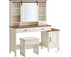 VASAGLE - Kaptafel - Make up Tafel - Kaptafel met Spiegel en Verlichting - Inclusief Krukje - Met Oplaadstation en Sieradenopslag