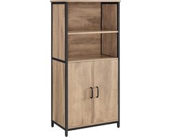 VASAGLE Keukenkast, boekenkast, met 2 open vakken, kast met verstelbare planken, boekenkast met deuren, stalen frame, voor woonkamer, keuken en werkkamer, eikenbruin-zwart