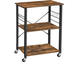 VASAGLE Keukenrek met wieltjes, trolley met 3 niveaus, houder voor magnetron, oven, broodrooster, metalen frame met 6 haken, industrieel, rustiek bruin en zwart KKS60XV1