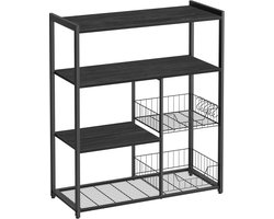 VASAGLE Keukenrek – Staand rek met 2 metalen manden, planken, haken en ruimte voor magnetron – 35 × 80 × 95 cm – Industrieel design – Vintage grijs/inktzwart (model KKS096B22)