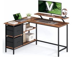 VASAGLE L-vormig bureau, 2 ruime lades, 135 x 105 cm,computerbureau met monitorstandaard, hoekbureau, speeltafel met verstelbare plank 135 x 105 cm vintage bruin LWD098B01