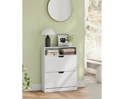 VASAGLE LBC048W01 Schoenenkast met 2 klapdeuren en 1 open vak, verstelbare en afneembare scheidingswand, voor 11-16 paar schoenen, smalle entree, 24 x 80 x 102 cm, wit