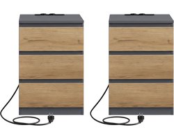 VASAGLE - Nachtkastje - Set van 2 - Met Stopcontact en USB-poorten - 3 Lades