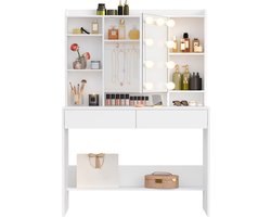 VASAGLE RDT126WB01 - Kaptafel met LED-Verlichting - Instelbare Lichtkleuren en Helderheid - Spiegel met Verstelbare Planken