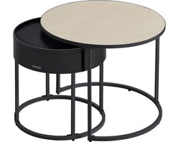VASAGLE Salontafels, set van 2 ronde bijzettafels, nesttafels, moderne stijl, verborgen opslag en bovenste lade, voor woonkamer, slaapkamer, balkon, naturel beige en inktzwart
