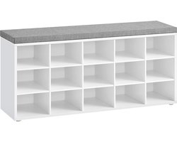 VASAGLE Schoenbank Bank Schoenenrek met zitting met kussen en 15 compartimenten Opbergrek Hall Geschikt tot 200 kg Wit Grijs LHS15WT