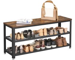 Vasagle schoenbank, schoenenrek met 2 planken, schoenenplanner, 100 x 30 x 45 cm, voor entree, hal, woonkamer, metalen frame, industrieel ontwerp, vintage bruin-zwart