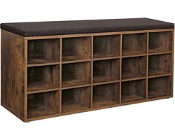 VASAGLE Schoenbank – Zitbank met kussen en 15 opbergvakken – Schoenenrek voor hal of gang – Vintage bruin/bruin (model LHS15BX)