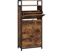 VASAGLE Schoenenkast, schoenenrek, met 3 kleppen, schoenopslag, voor 15-18 paar schoenen, 60 x 30 x 130 cm, vintage bruin-zwart LBS101B01