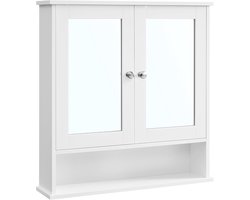 VASAGLE Wandkast - badkamerkast - opbergkast - hangkast - 2 spiegeldeuren en open vak - verstelbaar rek - 15 x 65 x 75 cm - wit