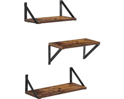 VASAGLE Wandplank, set van 3, zwevende plank, hoogglans afwerking, voor decoratieve voorwerpen, fotolijsten, slaapkamer, woonkamer, keuken en badkamer, vintage bruin-zwart