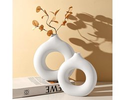 Vase Set of 2 for Modern Home Decoration - White Ceramic Donut Vases for Pampas Grass - Boho Decor for Living Room, Bedroom, Dining Table