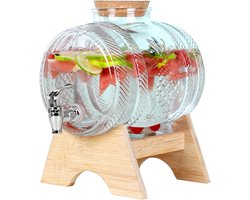 Vat met tapkraan en houten standaard voor wijn, whisky en sappen - Glazen drankdispenser 1/3 liter karaf met kraan - Glazen vat waterdispenser met standaard voor limonade