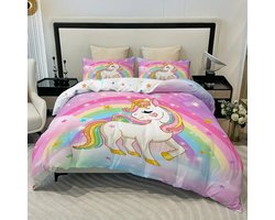Vavida Dekbedovertrek - Eenpersoons - 140 x 200 - Eenhoorn - Gouden Manen - Unicorn - Kind - Meisje