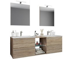 VCM 3-tlg. Set | 2 Waschtisch, 2 Spiegel, 2 Waschbecken, 1 Mittelfach | Keramik Waschbecken | Unterschrank 195 cm | Badmöbel Set Doppel Waschplatz - Badinos XXL