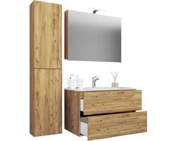 VCM 4-tlg. Waschplatz Waschtisch | Waschbecken Unterschrank Breite 80 cm | Badmöbel Set mit Schubladen Drehtüren Spiegelschrank | Badinos