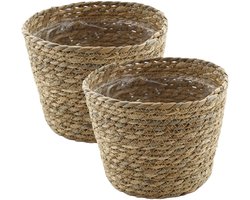 VD Leeden Planten of bloemen mand - 2x - rond - zeegras gevlochten - D22 x H18 cm - plantenmand - bloempot - bloemenmand