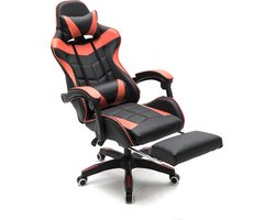 VDD Gaming - Gamestoel - Gamestoel met Voetsteun - Gamestoel Rood - Gaming Stoel - Bureaustoel gaming - Ergonomische Bureaustoel - Met Nekkussen & Verstelbaar Rugkussen - Met Voetsteun - Ergonomische Game Stoel - Draaistoel - Rood & Zwart