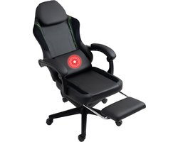 VDD Gaming - Gamestoel met massagefunctie en voetsteun - Gaming chair in de kleur zwart/groen - Game stoel met nekkussen & verstelbaar rugkussen - Ergonomische bureaustoel met padded armsteunen - Max draagvermogen 150 kg - Verstelbare ruggensteun
