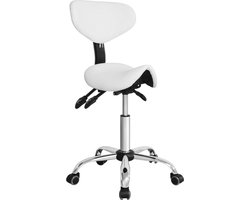 VDD - Zadelkruk - Zadelkruk Met Rugleuning - Zadelkruk Op Wielen - Kapperskruk - Kapperskruk op wielen - Rugleuning Kantelbaar en Verstelbaar - Werkkruk op wielen - Bureaukruk met rugleuning - Verstelbare Kruk - Tabouret op Wielen - Wit