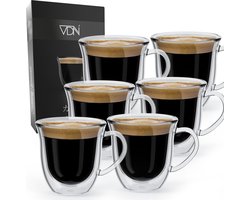 VDN Dubbelwandige ESPRESSO 70 ML glazen met oor van borosilicaat - Warme en koude dranken kopjes - Set van 6 - Koffie