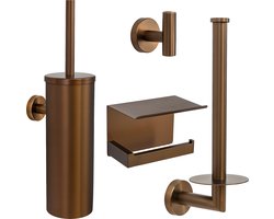 VDN Stainless Toiletaccessoireset koper 4-delig - Geborsteld RVS - Toiletborstelhouder - Toiletrolhouder met plankje - Handdoekhaakje - Reserverolhouder