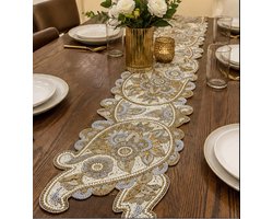 Vedantan Luxury Floral Table Runner - 1 Piece - Beads Handwork - Luxury Design - Scratch Resistant Heat Resistant -13x36 Inches - 33 x 91 cms - Dining Room - Living Room - Table Decoration - Gold White and Silver