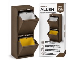 VEEHAUS Prullenbak Afvalscheiding 30 Liter (2x15L), 2 Vakken met Klep, Metaal, Keuken & Kantoor, Beige